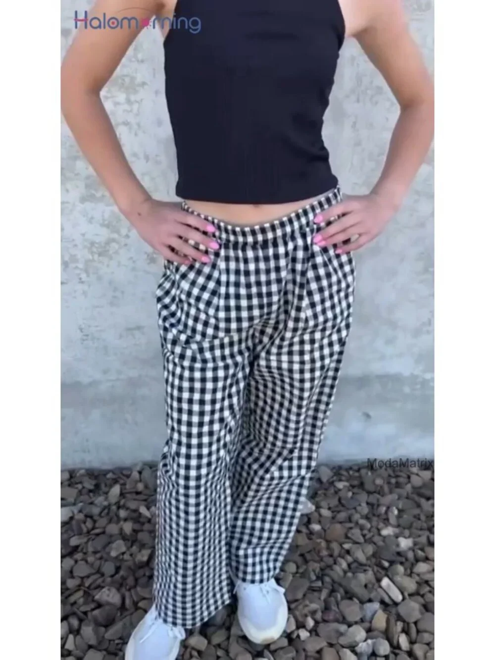 Girls Gingham Cotton Blend Pants Elastic High Waist Casual